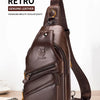 A dark brown genuine leather men's crossbody messenger bag with a gold-toned strap is shown on a wooden surface.