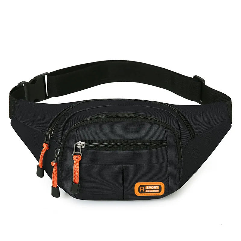Black multifunctional anti-theft waist pack for men and women with an orange strap.