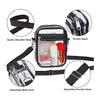 Clear transparent crossbody bag with black adjustable strap and durable zipper features shown in detail.