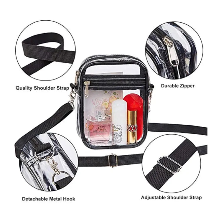 Clear transparent crossbody bag with black adjustable strap and durable zipper features shown in detail.