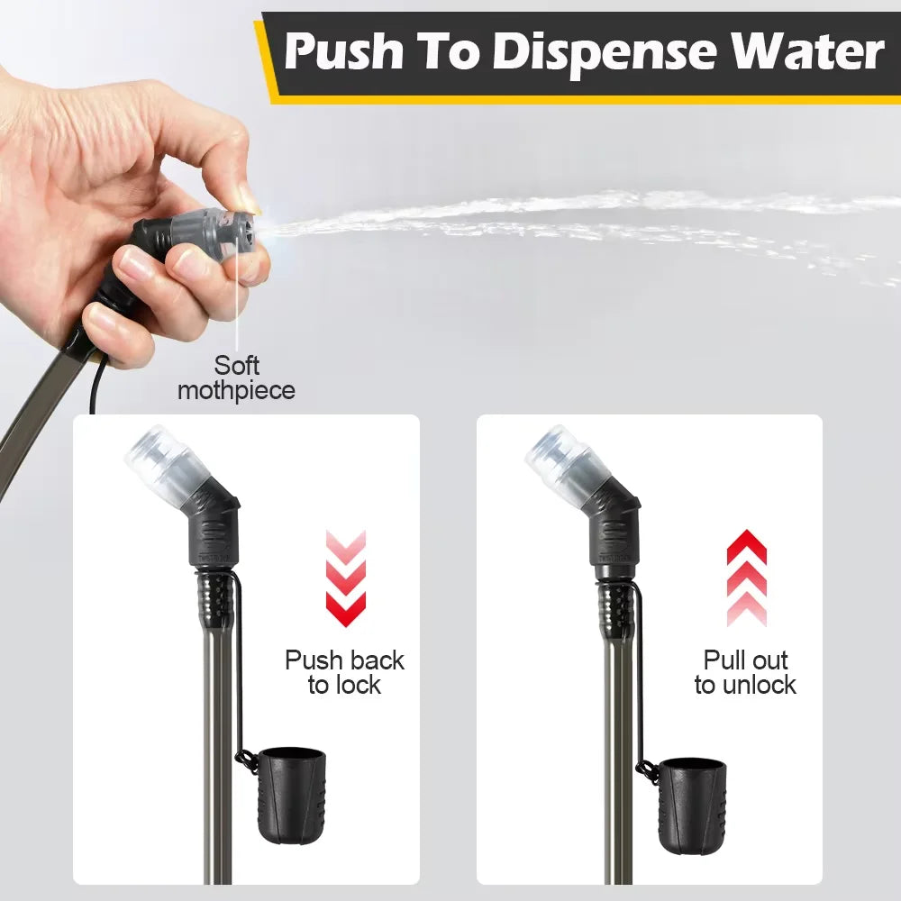 A hand is pushing water through a soft mouthpiece of a reusable insulated water bladder hydration bottle.