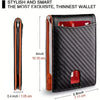 A black slim wallet with a leather exterior and a red interior card slot shown next to its unfolded form.