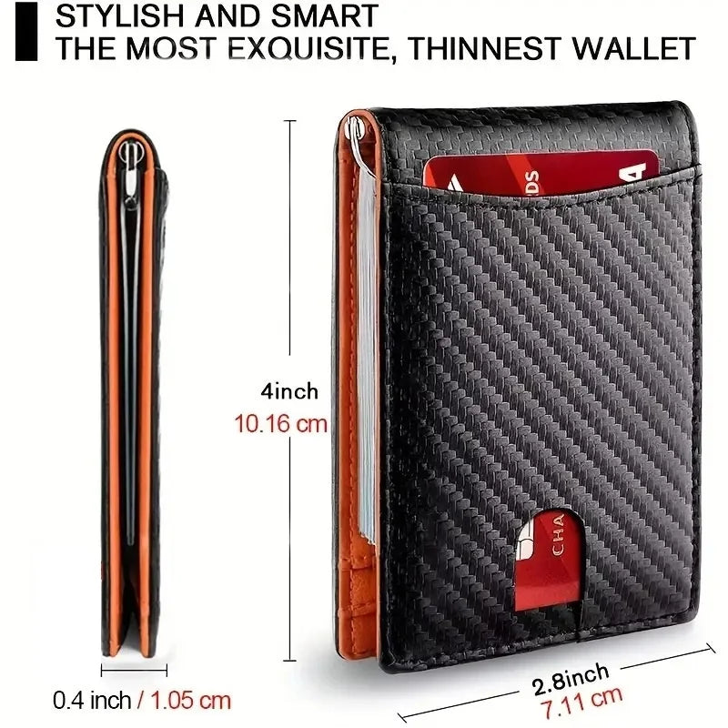 A black slim wallet with a leather exterior and a red interior card slot shown next to its unfolded form.