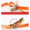 Instructions showing how to thread a webbing through the center slot of a tensioner shaft and pull the handle for tightening