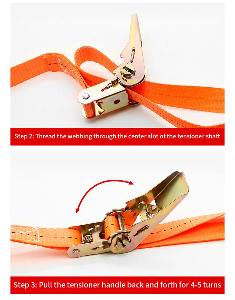 Instructions showing how to thread a webbing through the center slot of a tensioner shaft and pull the handle for tightening