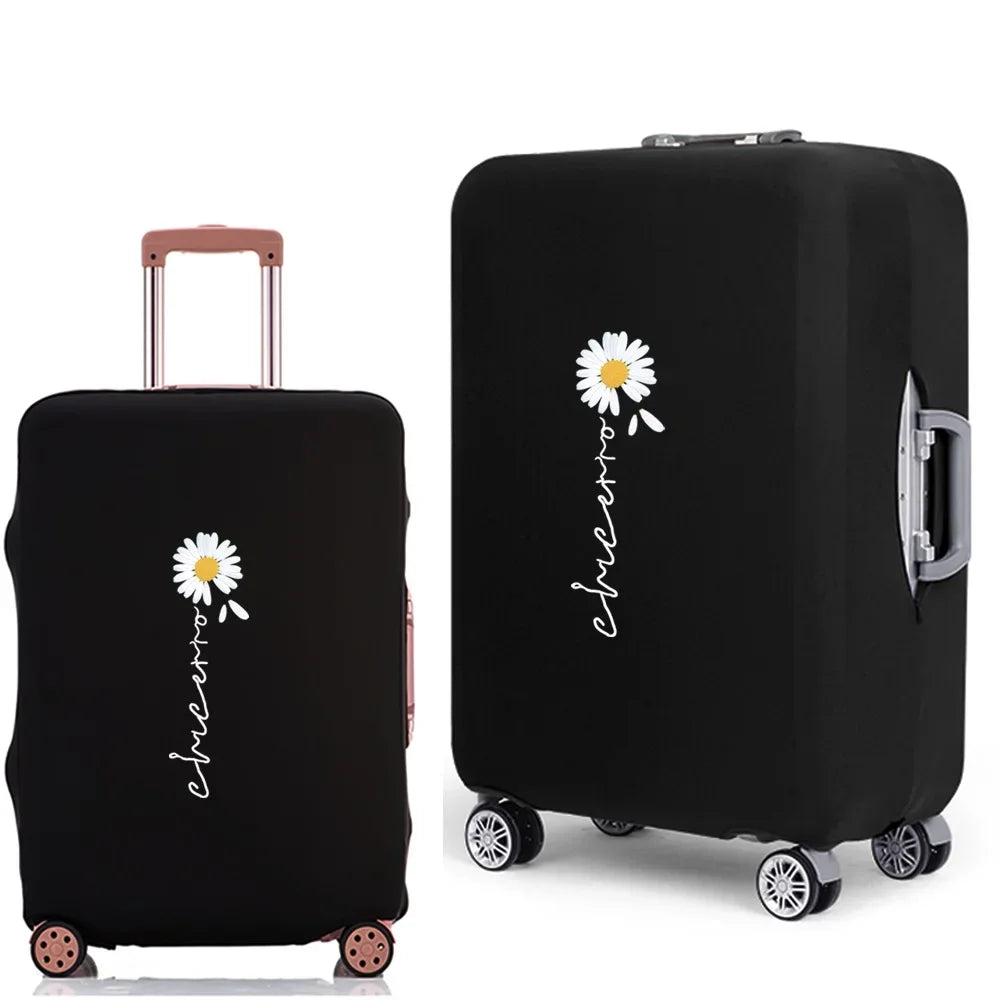 Black rolling suitcase with a white daisy design on the side.
