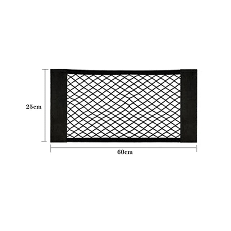 Black mesh net bag for car trunk storage organizer with dimensions 25cm by 60cm