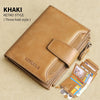 A tan khaki retro style three fold leather wallet with a zipper and cards is shown on a light background.