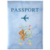 Light blue passport card holder with a blue airplane graphic and small colorful icons