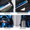 Various pockets of a black cartoon game controller backpack including main, zippered internal, front, and side pockets