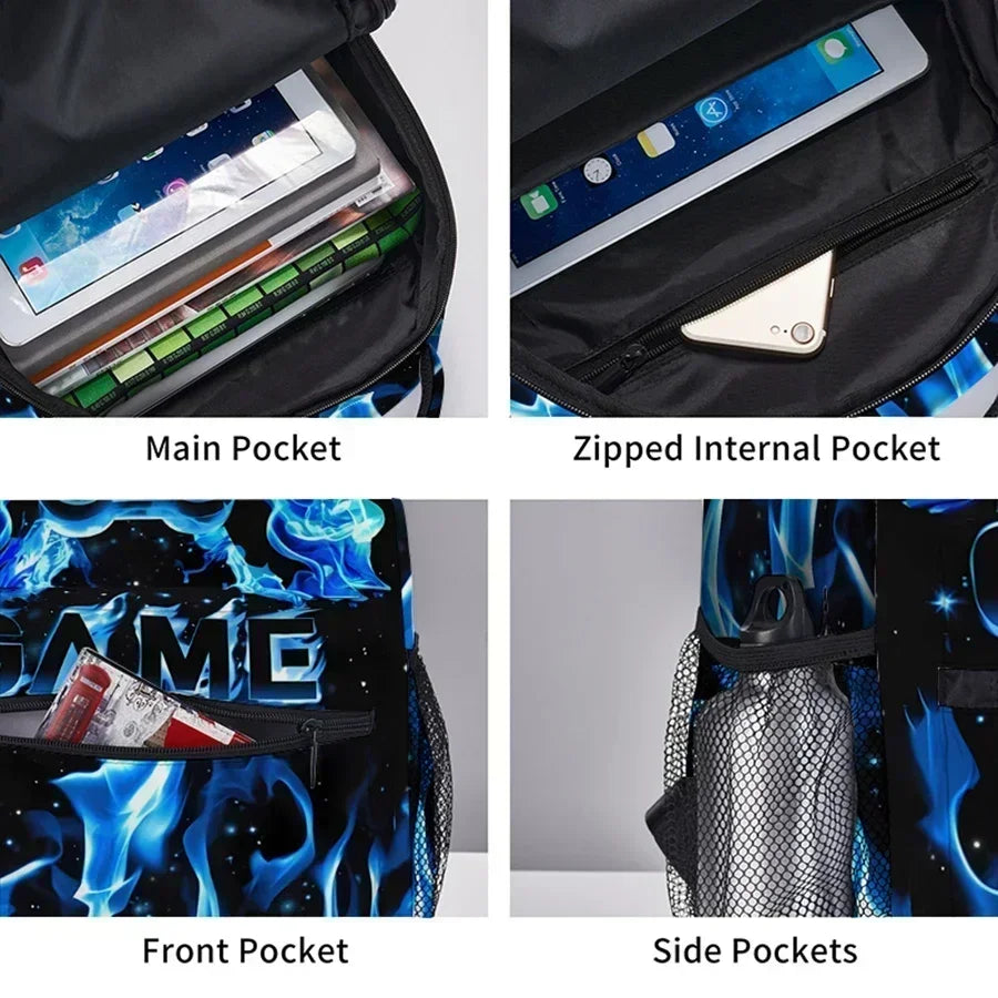 Various pockets of a black cartoon game controller backpack including main, zippered internal, front, and side pockets