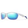Gafas deportivas blancas polarizadas con lentes azules espejados y acentos morados