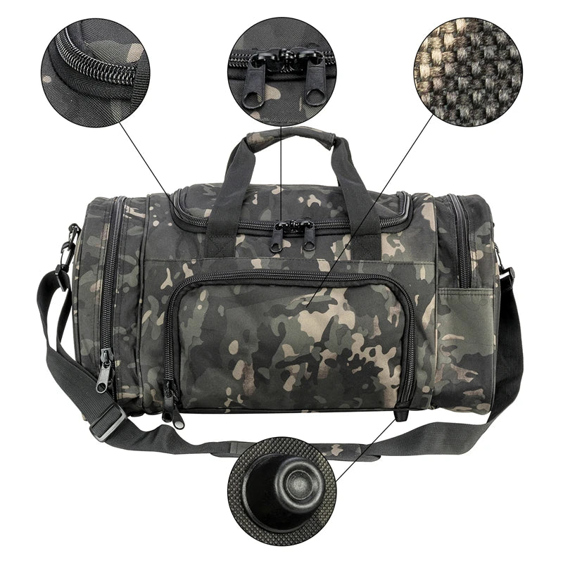 A camouflage travel duffel bag with padded straps and storage compartments, shown with removable fabric covers.