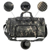 A camouflage travel duffel bag with padded straps and storage compartments, shown with removable fabric covers.