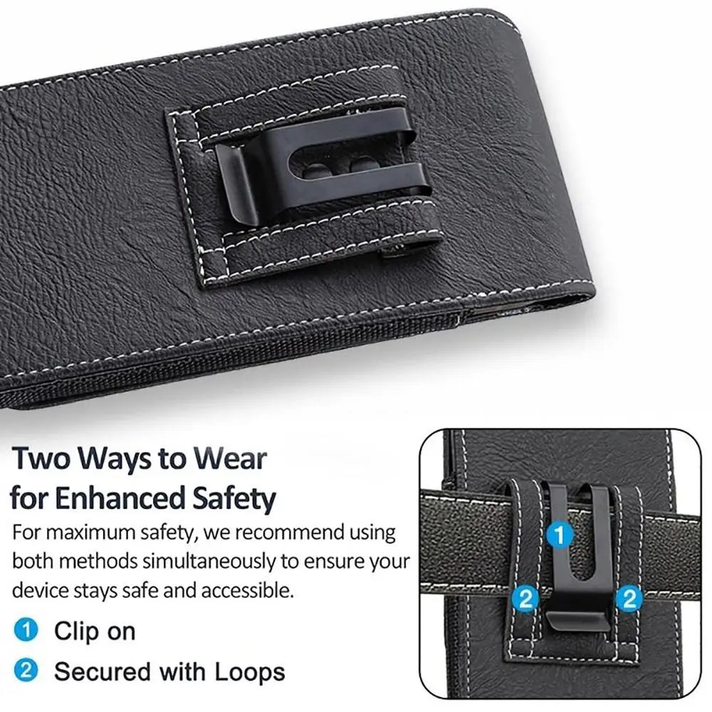 Black PU leather phone waist pouch featuring a belt clip and loops for enhanced safety