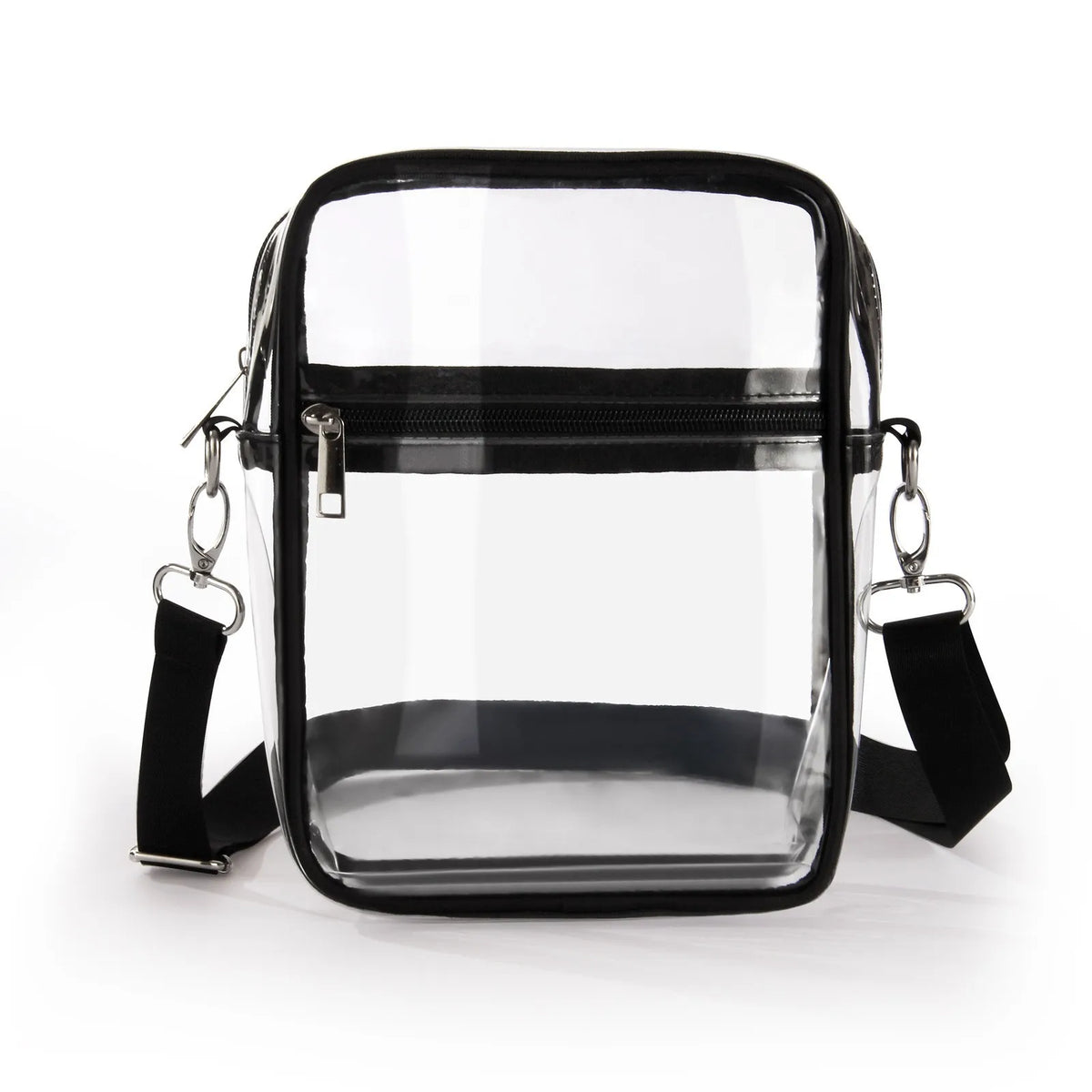 A clear transparent crossbody bag with a black adjustable strap.
