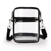 A clear transparent crossbody bag with a black adjustable strap.