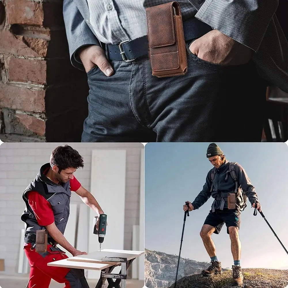 A person wearing a dark shirt and jeans has a brown PU leather phone waist pouch with a belt clip in their hand.