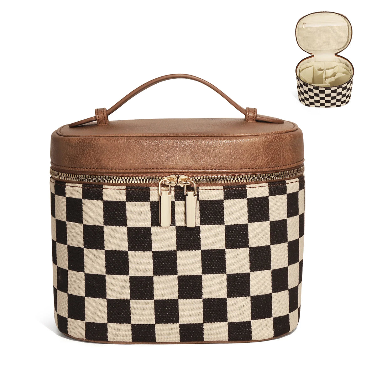 Bolso cosmético de cuero marrón con estampado a cuadros, mostrado abierto y cerrado.