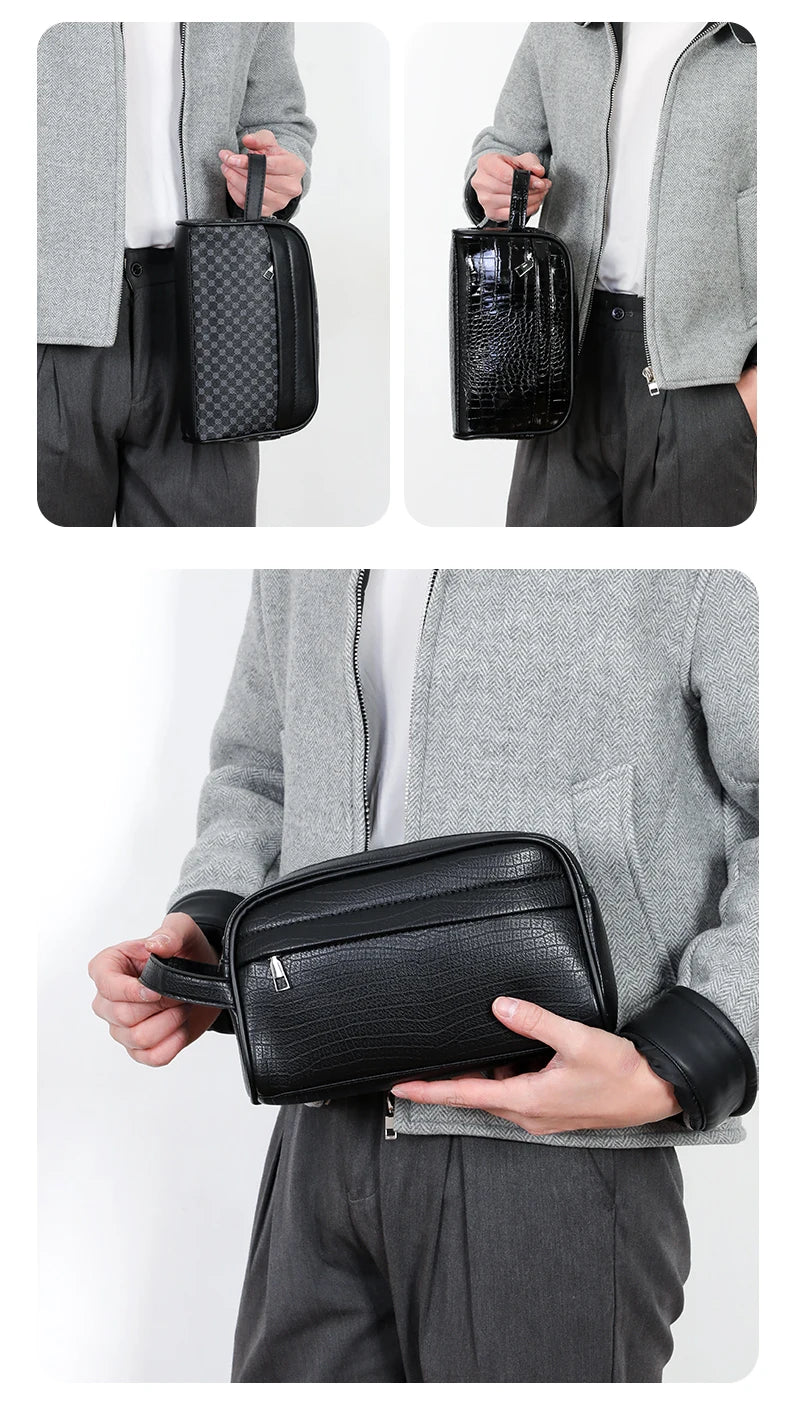 A black elegant PU leather clutch bag is shown being held by a person wearing a gray blazer and dark trousers.