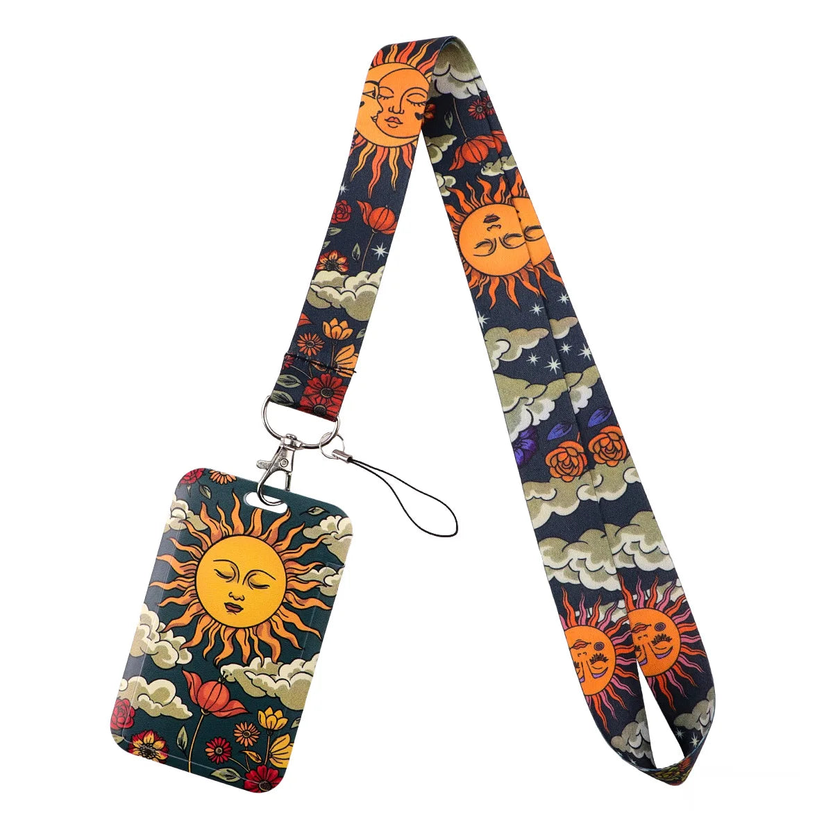 A patterned lanyard featuring a sun design on a key ring for ID badges and keys.