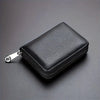 A black minimalist RFID blocking card wallet with a zipper pouch shown from above.