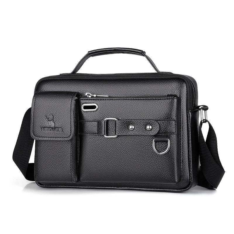 Sac bandoulière en similicuir noir avec poignée supérieure et sangle réglable, fermeture à rabat et poches.