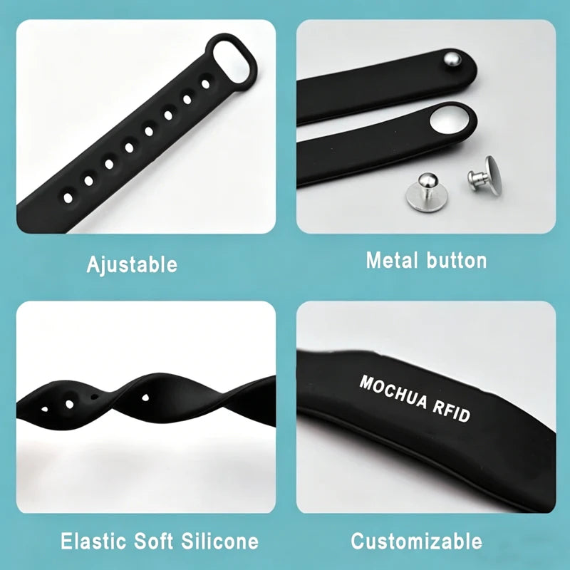 Bracelet silicone noir réglable avec bouton métallique et design personnalisable.