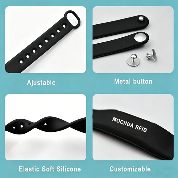 A black adjustable silicone wristband with a metal button and customizable design.