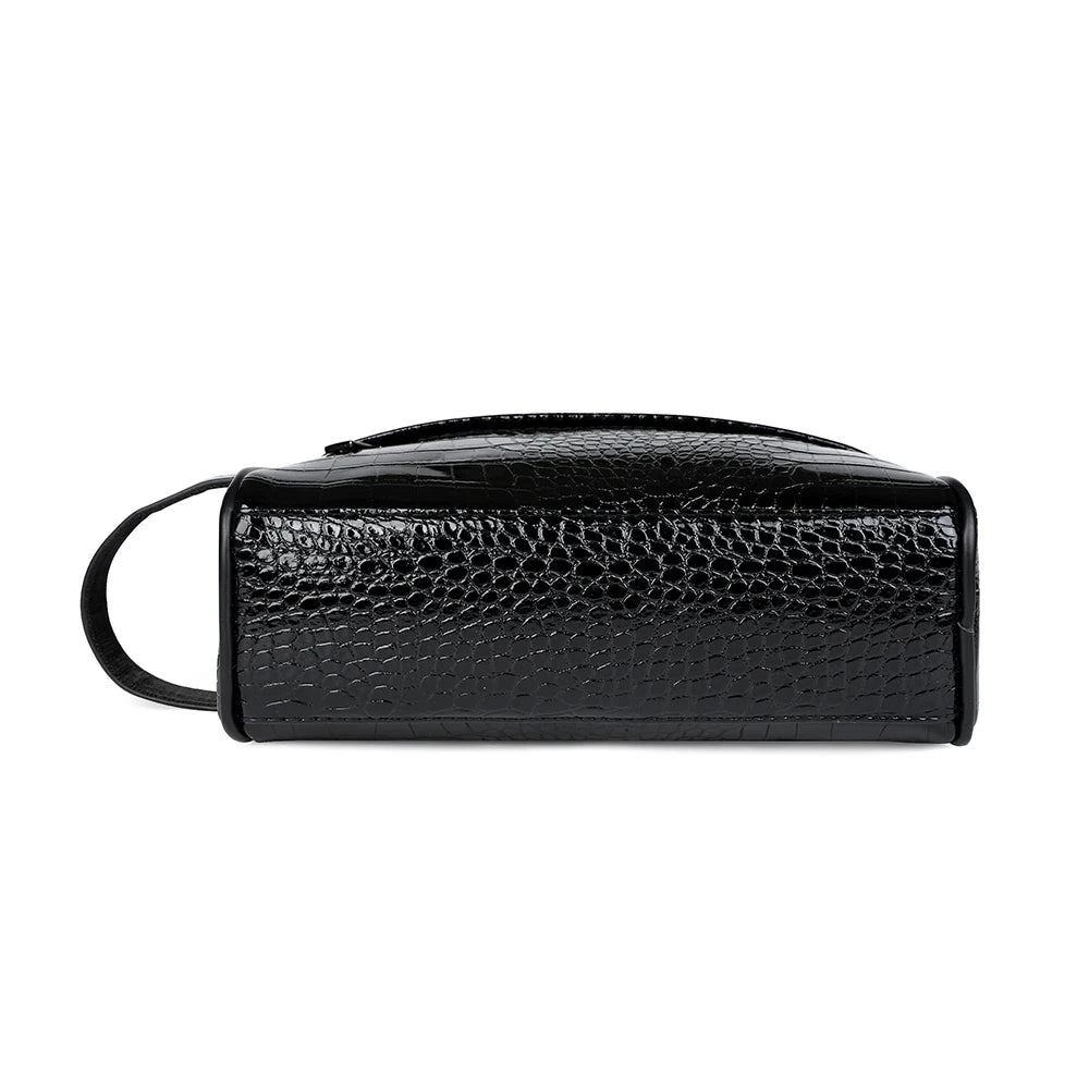 Black men's PU leather clutch handbag with a textured crocodile pattern.