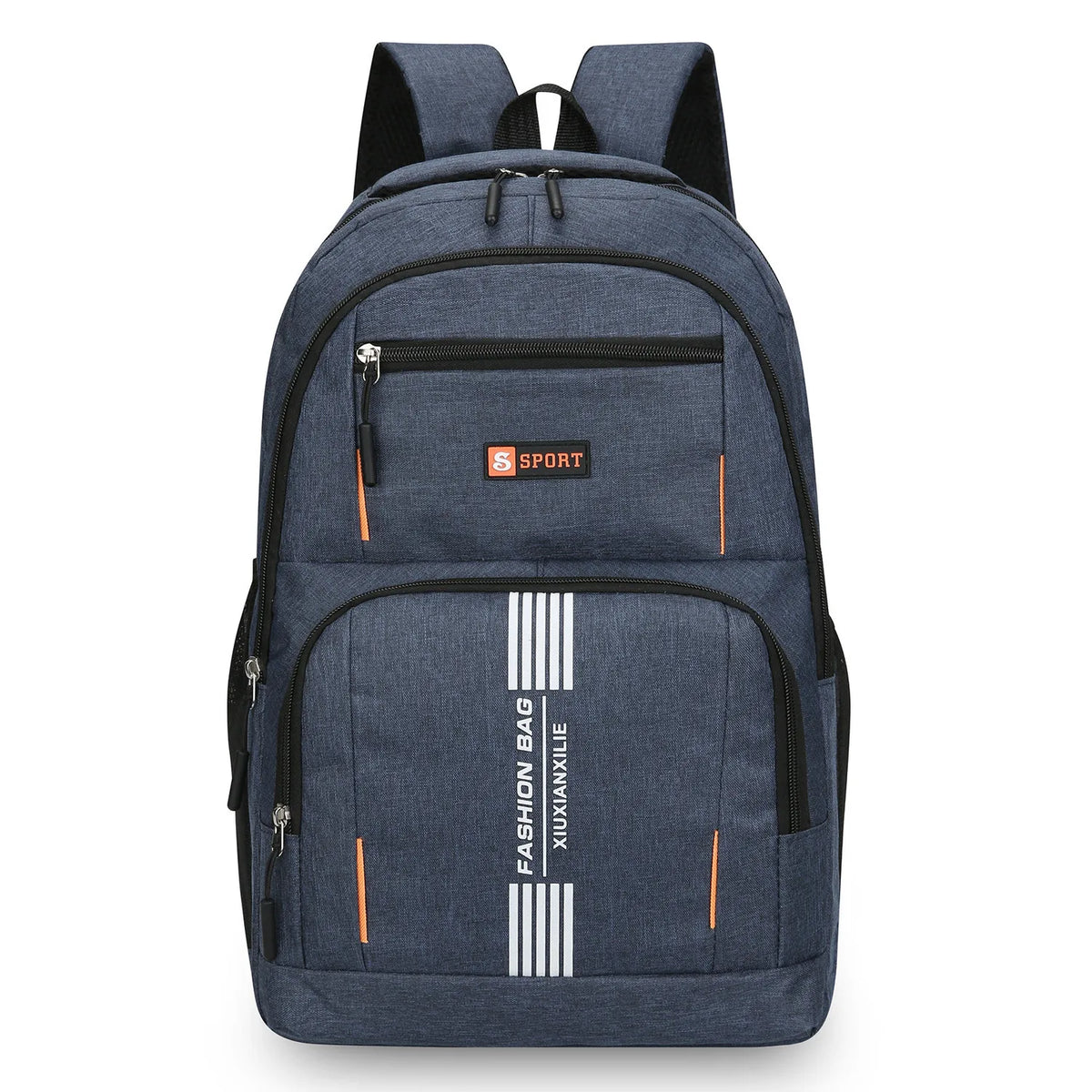 A dark blue men's lightweight commuter backpack with black and orange accents.
