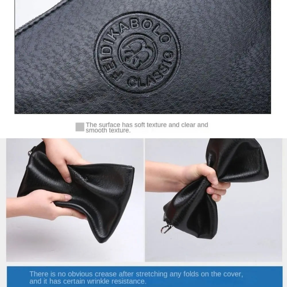 Black PU leather clutch bag showing texture and smooth surface detail