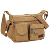 A tan canvas tool bag featuring multiple zippered pockets and a shoulder strap.