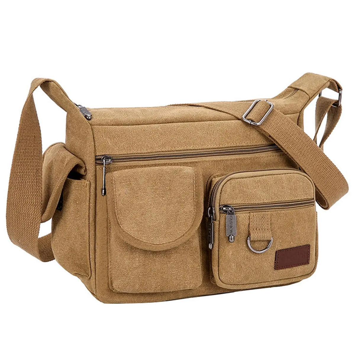 A tan canvas tool bag featuring multiple zippered pockets and a shoulder strap.