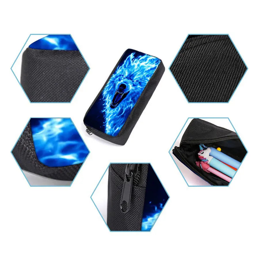 A set of three black fabric pouches, including a backpack, lunch bag, and pencil case with a blue wolf cartoon design.