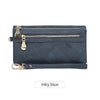 A navy blue retro long wallet with a gold zipper and multiple card slots.
