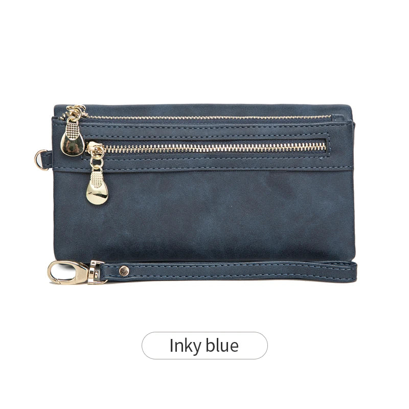 A navy blue retro long wallet with a gold zipper and multiple card slots.