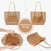 A collection of woven mesh beach totes in tan and brown tones shown from various angles.