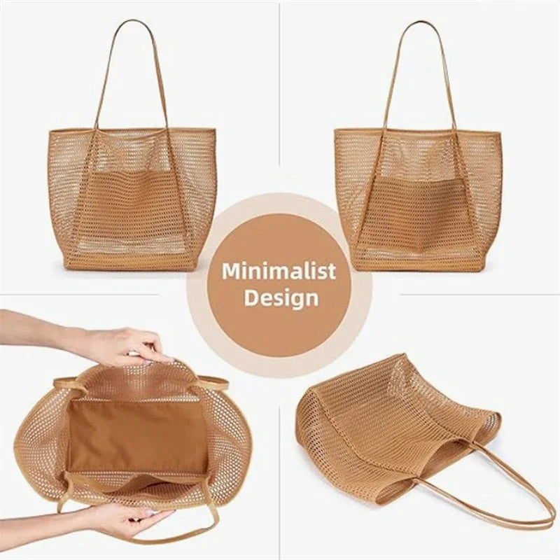 A collection of woven mesh beach totes in tan and brown tones shown from various angles.