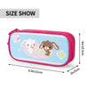 Pink pouch pencil case featuring a cute puppy design on a light blue background.