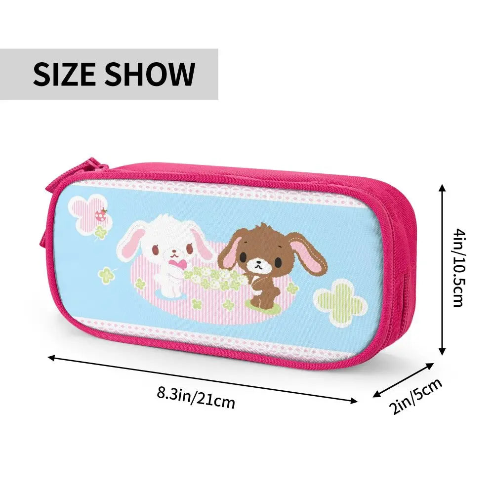 Pink pouch pencil case featuring a cute puppy design on a light blue background.