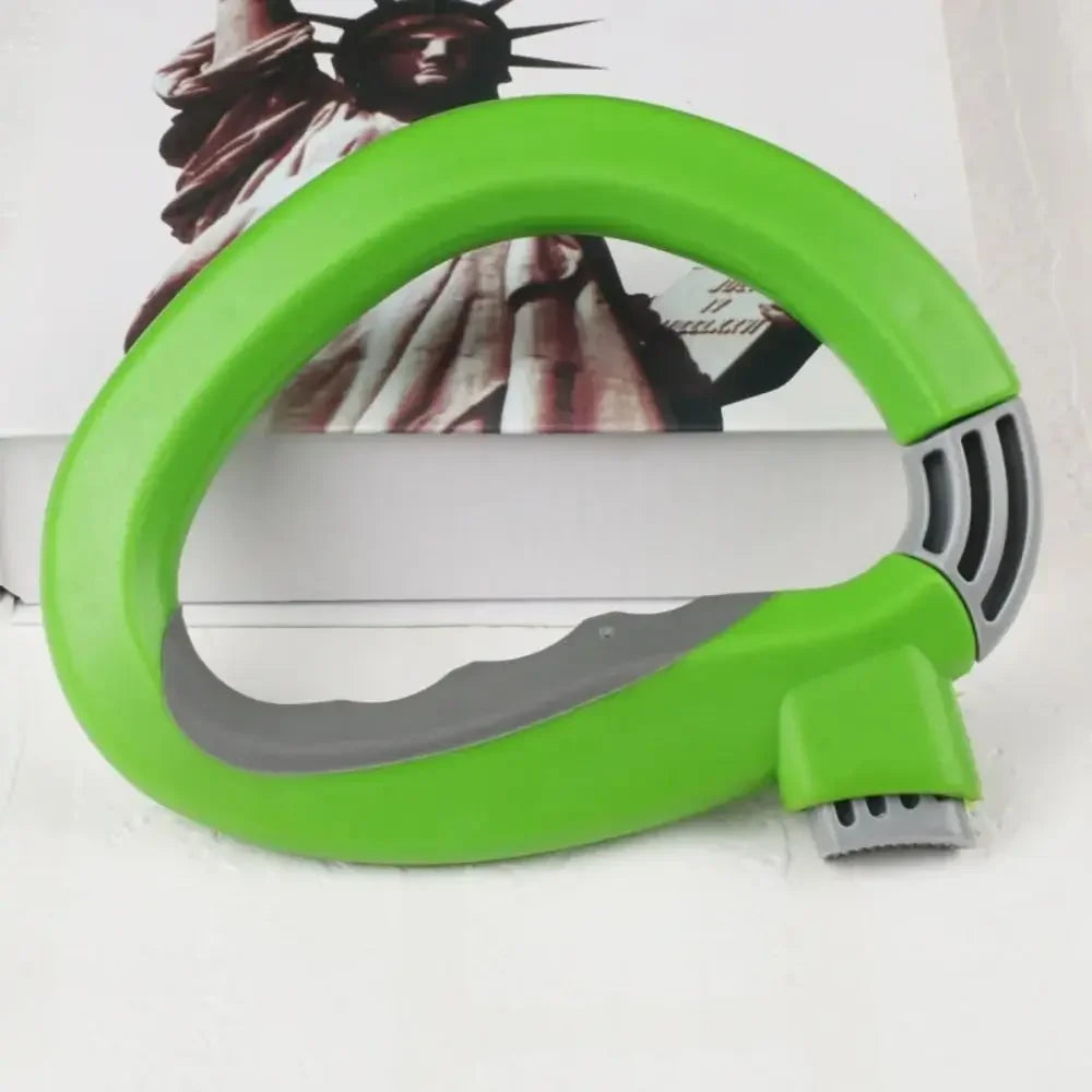 A bright green portable grocery bag carrier with a gray grip and a plastic carrier for bags.