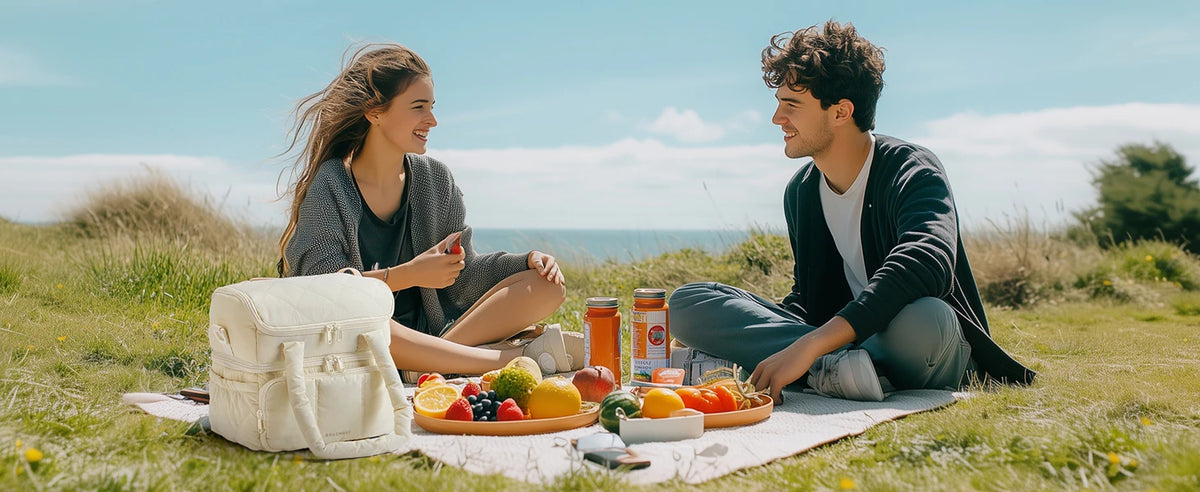 A young woman and man sitting on a blanket outdoors sharing fresh fruit and food with an insulated lunch bag.