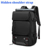 A black travel backpack featuring a hidden shoulder strap and multiple compartments.