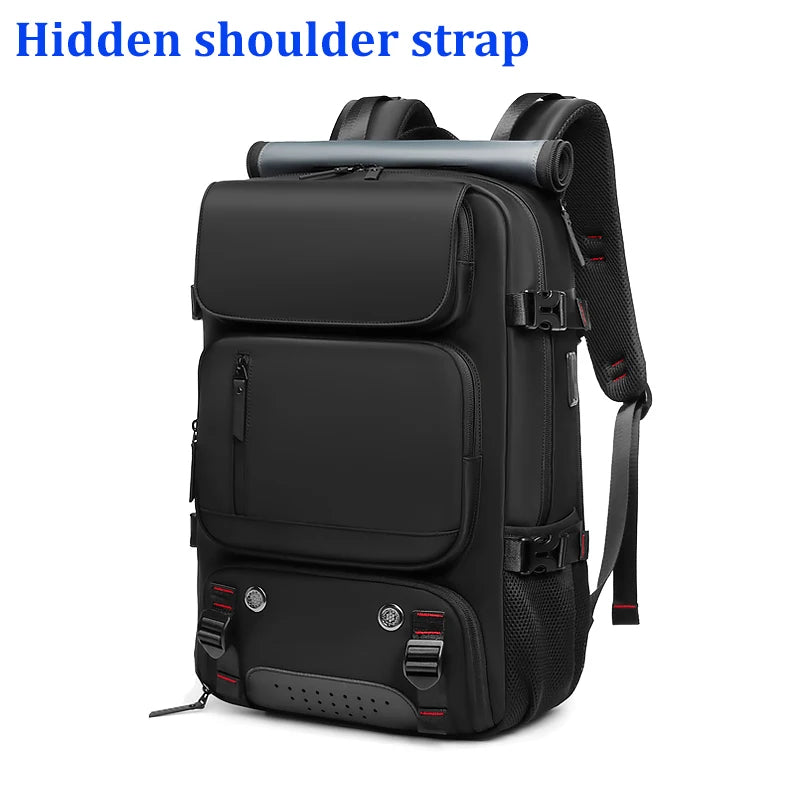 A black travel backpack featuring a hidden shoulder strap and multiple compartments.