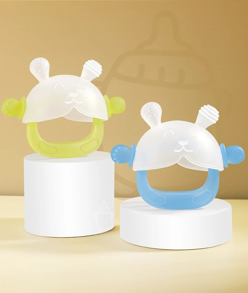 A set of silicone teethers featuring cute bunny designs in light green and blue colors.