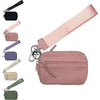 A pink multi-functional zipper coin purse wallet with a pink strap and various accessory attachments.