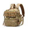 A tan camouflage tactical backpack with MOLLE webbing and shoulder straps.