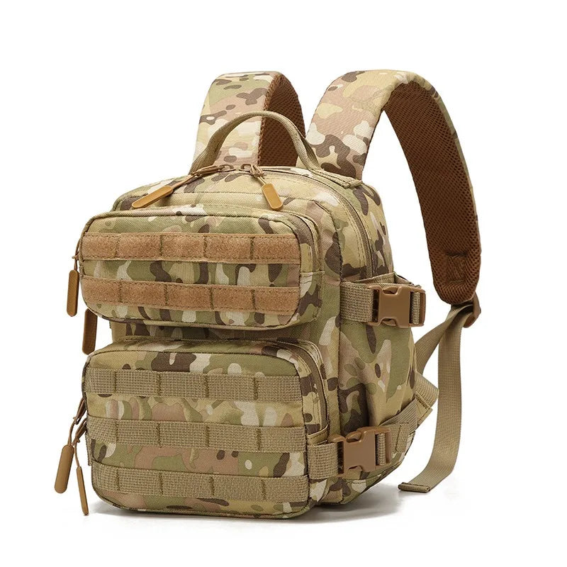 A tan camouflage tactical backpack with MOLLE webbing and shoulder straps.