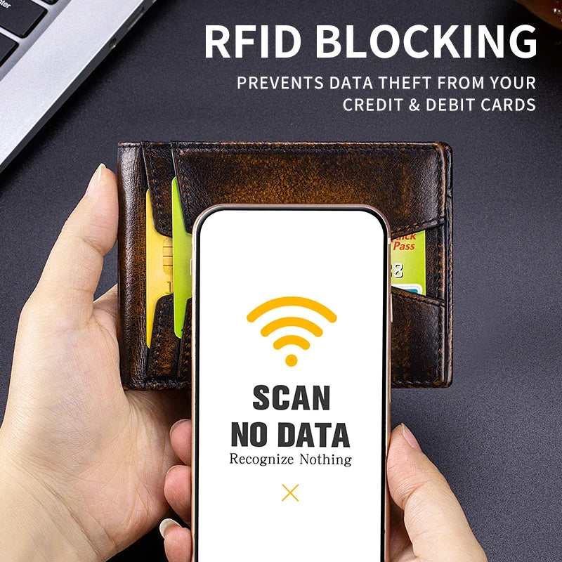 A hand holds a smartphone displaying an RFID blocking feature, next to a brown leather wallet.